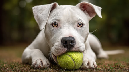 Dog playfully chewing on a tennis ball in the yard, casual and fun pet lifestyle momentの素材