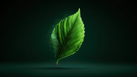 Green energy concept tech background with glowing leaf and circuitry blend, eco-technology fusionの素材