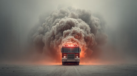 Fire truck arriving at a burning building after a 911 call, smoke and flames visible with intense atmosphereの素材