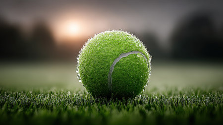 Fresh tennis ball on a grass court with morning dew and sunlight, perfect for sports and summer themesの素材