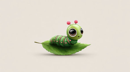 Cartoon-style illustration of a cute caterpillar on a leaf, bright colors with playful white backgroundの素材