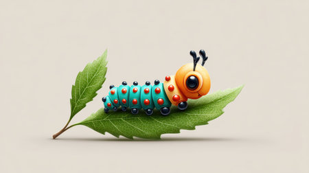 Cartoon-style illustration of a cute caterpillar on a leaf, bright colors with playful white backgroundの素材