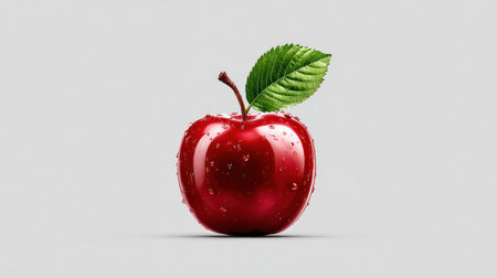 Glossy red apple clipart with leaf and stem, vibrant and modern flat design, isolated on light grayの素材