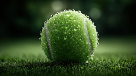 Fresh tennis ball on a grass court with morning dew and sunlight, perfect for sports and summer themesの素材