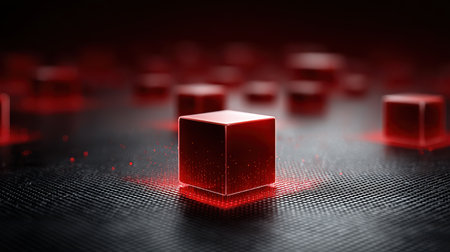 Digital red tech background featuring holographic interfaces and translucent data gridsの素材