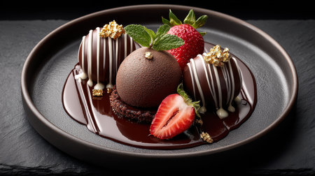 Chocolate dessert art with drizzled sauces and gold leaf decoration, styled on a dark slate surface for contrast.の素材