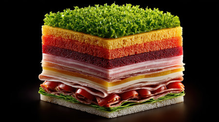 Artistic sandwich layers displayed in a cross-section with vibrant ingredients showing intricate layering.の素材