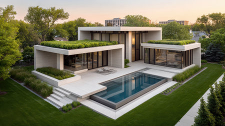 Aerial view of a modern home with flat roof design, rooftop garden, and pool in the backyard.の素材