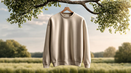Sweatshirt mockup hanging outdoors on a tree branch, nature-themed branding with soft sunlight and greeneryの素材