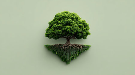 Green circuit tree growing from tech roots, symbolizing sustainable technology and digital growthの素材