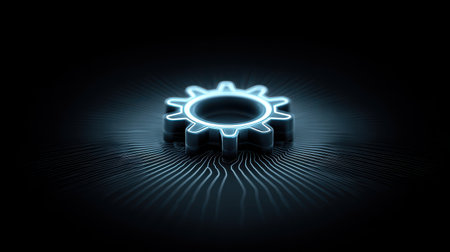 Settings gear icon vector surrounded by abstract digital network lines, futuristic technology conceptの素材