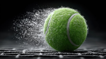 Tennis ball caught in the net during play, frozen in action with blurred background for dramatic effectの素材