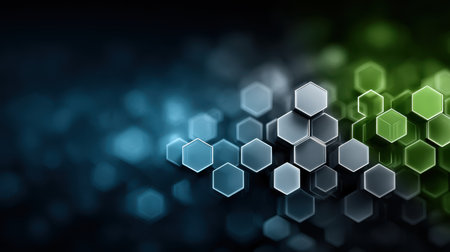 Abstract blue and green computer technology background with hexagonal shapes and digital grids for tech presentationsの素材