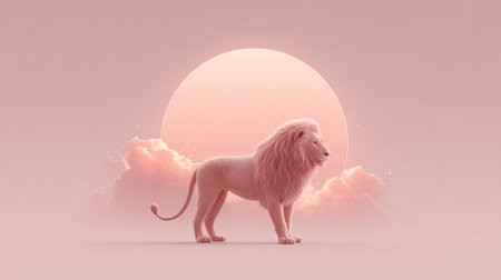 Illustrated pink Leo zodiac design with glowing lion silhouette and golden sparkles on pastel skyの素材