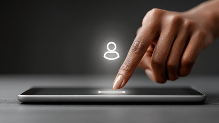 Hand tapping a user account icon on a tablet screen, highlighting user login or signup processの素材