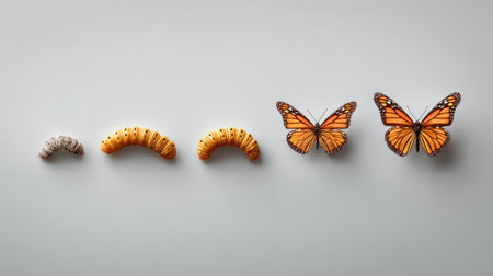 Time-lapse style photo sequence of caterpillar to butterfly, shown across a clean white backgroundの素材