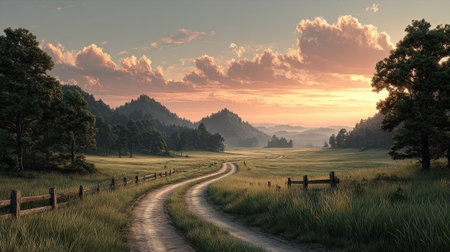 A winding country road bathed in warm golden hues of sunset, surrounded by lush green fields and tall trees.の素材