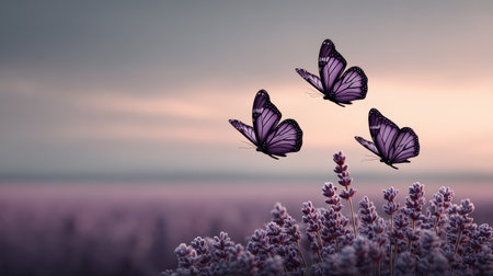 Artistic scene of purple butterflies flying above a lavender field at golden hour with space for overlay textの素材