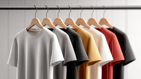 Apparel mockup showing a collection of blank shirts in various colors displayed on hangers in a retail setting.の素材