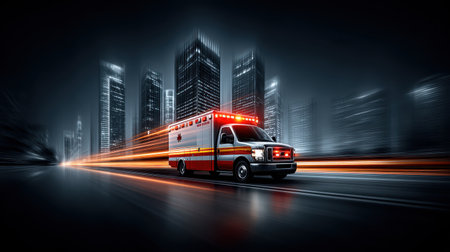 Ambulance speeding past skyscrapers lit up at night, capturing the energy of city emergency services in action.の素材