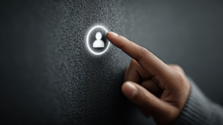 Close-up of a user icon illuminated on a touch screen, symbolizing digital identity and access controlの素材