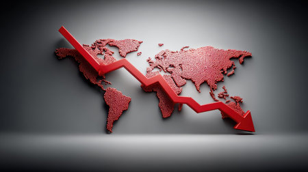 Downward red arrow overlaid on global map, illustrating worldwide financial decline with room for headlineの素材