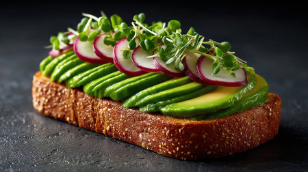 Artistic toast topped with avocado, radish slices, and microgreens, styled as a vibrant and healthy food art piece.の素材