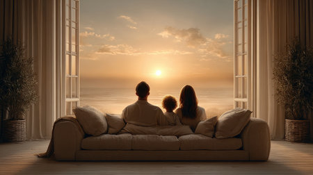 Family relaxing on the couch inside a sunlit living room with copy space for messaging or brandingの素材