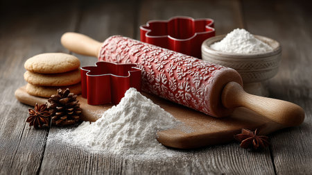 Holiday baking scene with red rolling pin, cookie cutters, and powdered sugar on a wooden kitchen table.の素材