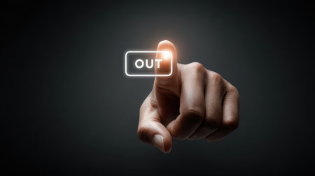 Hand pressing a virtual log out icon on an augmented reality interface, modern technology interaction concept.の素材