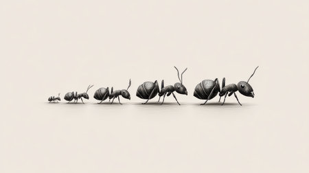 Collection of hand-drawn ants marching in a line, sketched in pen with a playful style and open backgroundの素材