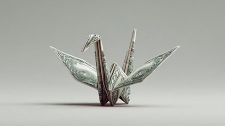 Hands folding a dollar bill into origami art, concept of creativity and saving money, captured in soft lighting.の素材