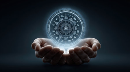 Hands holding a glowing zodiac wheel hologram, futuristic astrology concept with digital light effects.の素材