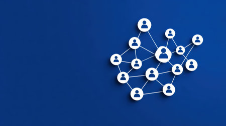 Group of account icons connected by lines on a network map, symbolizing social connections or user groupsの素材