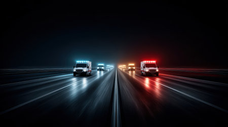 Emergency vehicle convoy including ambulance driving down a highway at night, red and blue lights flashing in unison.の素材