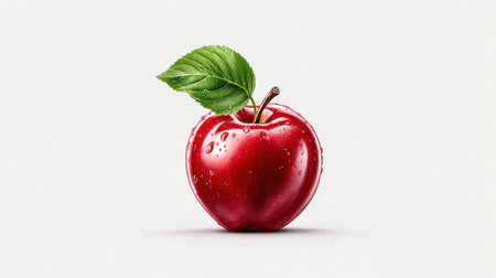 Glossy red apple clipart with leaf and stem, vibrant and modern flat design, isolated on light grayの素材
