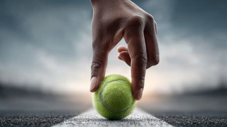 Hand holding a tennis ball above the baseline, ready to serve, dynamic moment with blurred backgroundの素材