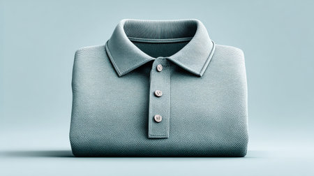Close-up of a folded apparel mockup showcasing detailed stitching on a cotton polo shirt, studio shot.の素材
