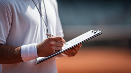 Close-up of a tournament official holding a scorecard during an intense tennis matchの素材