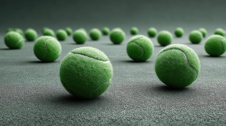 Tennis balls scattered across the court after practice, casual and realistic sports environmentの素材