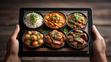 Food menu on a tablet screen, held by a customer at a trendy restaurant, vibrant digital interface with copy spaceの素材