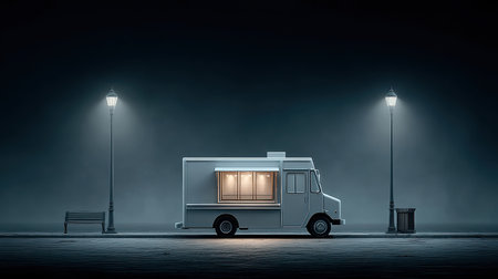 Evening scene with a food truck mockup illuminated by street lights, featuring blank space for brandingの素材