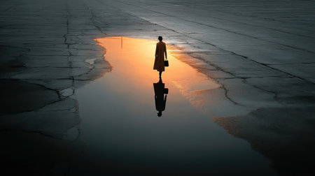 Shadowy coat silhouette reflected on wet pavement after rain, urban night atmosphere with moody lighting.の素材