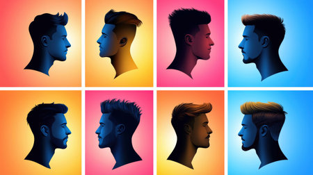 Bold male face silhouettes in various angles, representing confidence and diversity.の素材