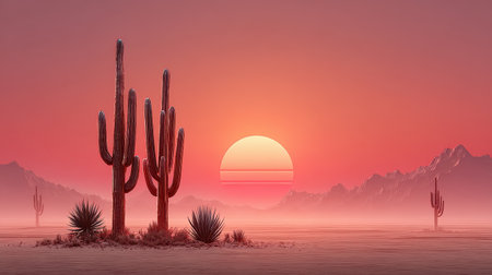 Sunset desert scene with tall cacti silhouetted against an orange and pink sky, dramatic and peaceful background.の素材