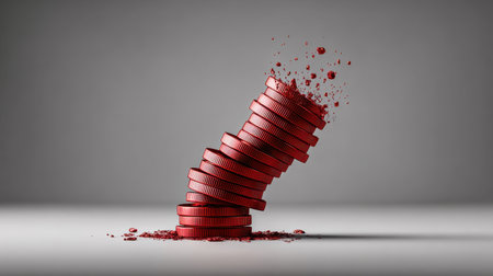 Red arrow crashing into coins, symbolizing sharp decline in savings or investment during recessionの素材