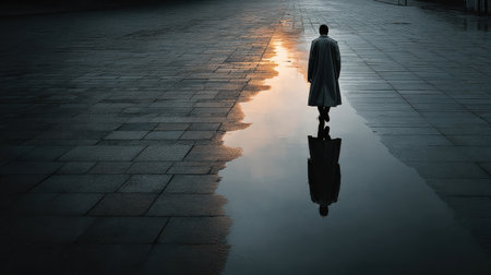 Shadowy coat silhouette reflected on wet pavement after rain, urban night atmosphere with moody lighting.の素材