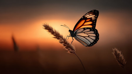 Yellow butterfly silhouetted against a glowing sunset sky, wings spread wide, with room for inspirational quote.の素材