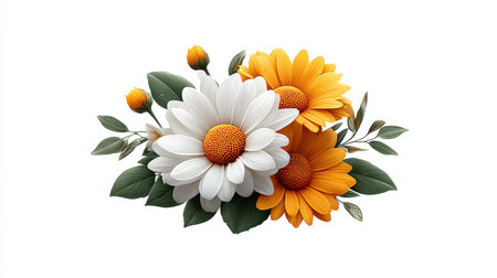 Bright and cheerful watercolor flower clipart with daisies, sunflowers, and leaves, arranged in a clusterの素材