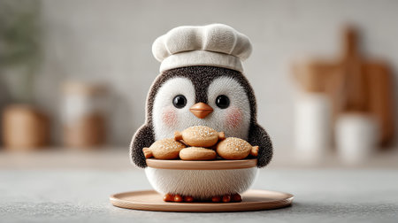 Cute 3D penguin chef holding a tray of fish-shaped cookies in a kitchen environmentの素材